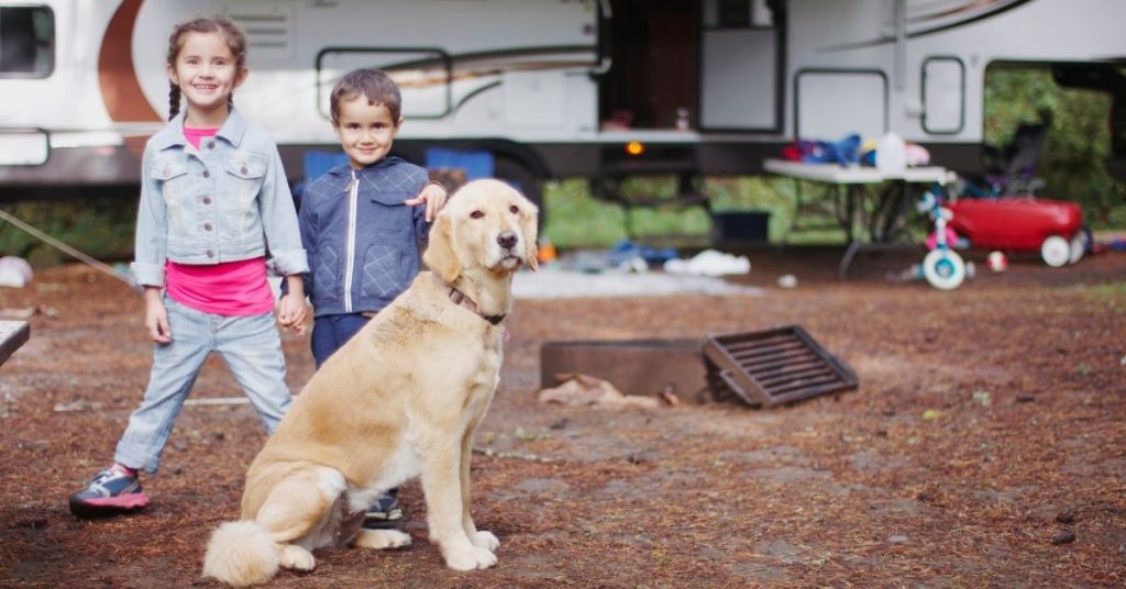 Two kids and their pet dog with an RV parked in the background | A featured image from “What Do I Need To Know About November RV Camping in California?” | AdventureinCamping.com